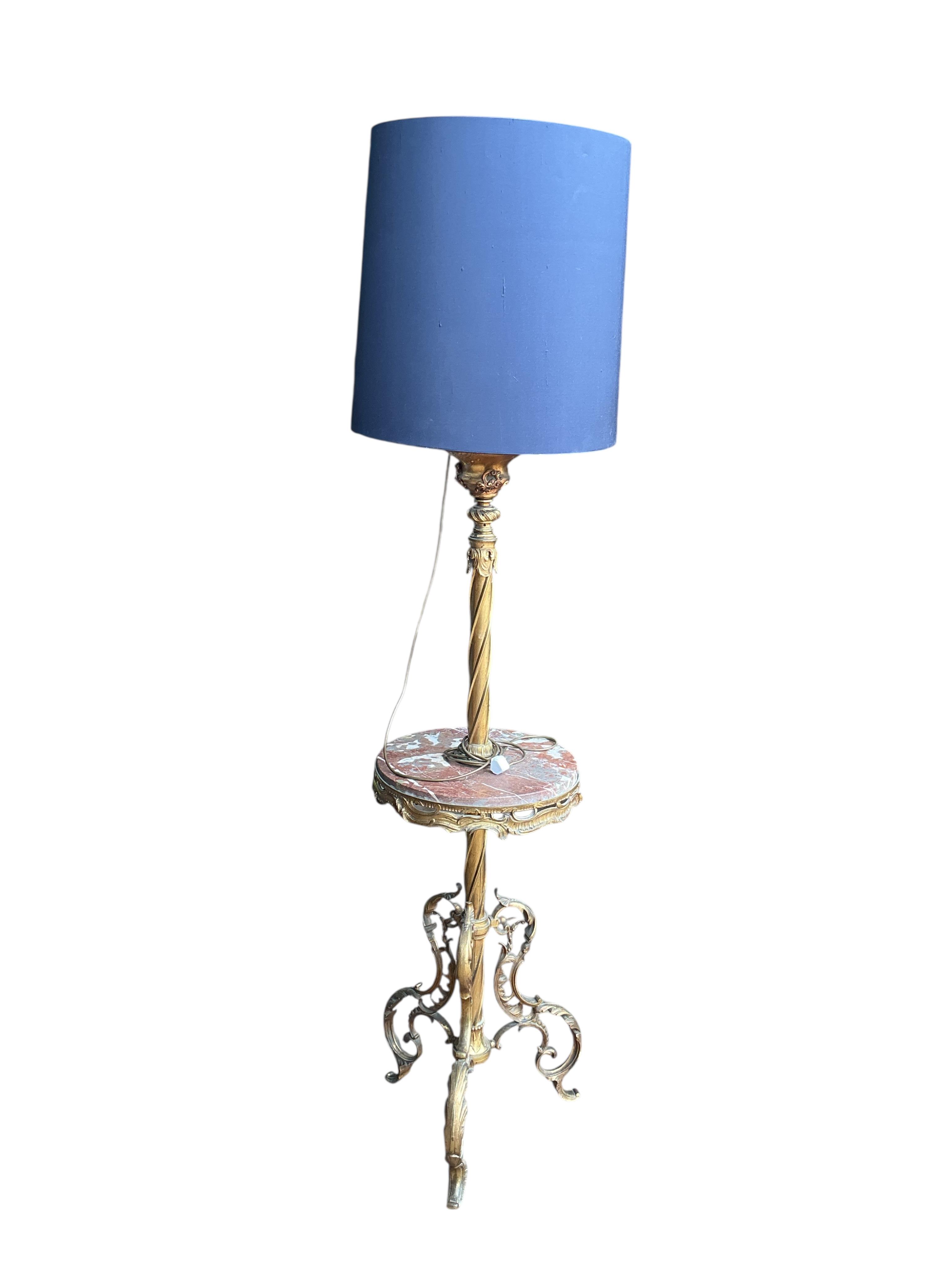 A Victorian gilt metal and rouge marble oil telescopic standard lamp, converted to electricity